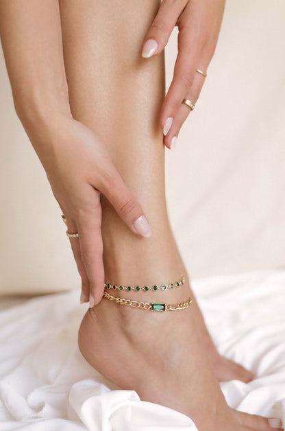 Bejeweled Emerald 18k Gold Plated Anklet Set on model