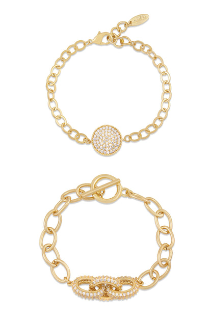 Mixed Crystal Disc & 18k Gold Plated Link Chain Bracelet Set