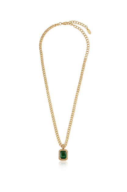 Emerald Stone Pendant 18k Gold Plated Link Necklace