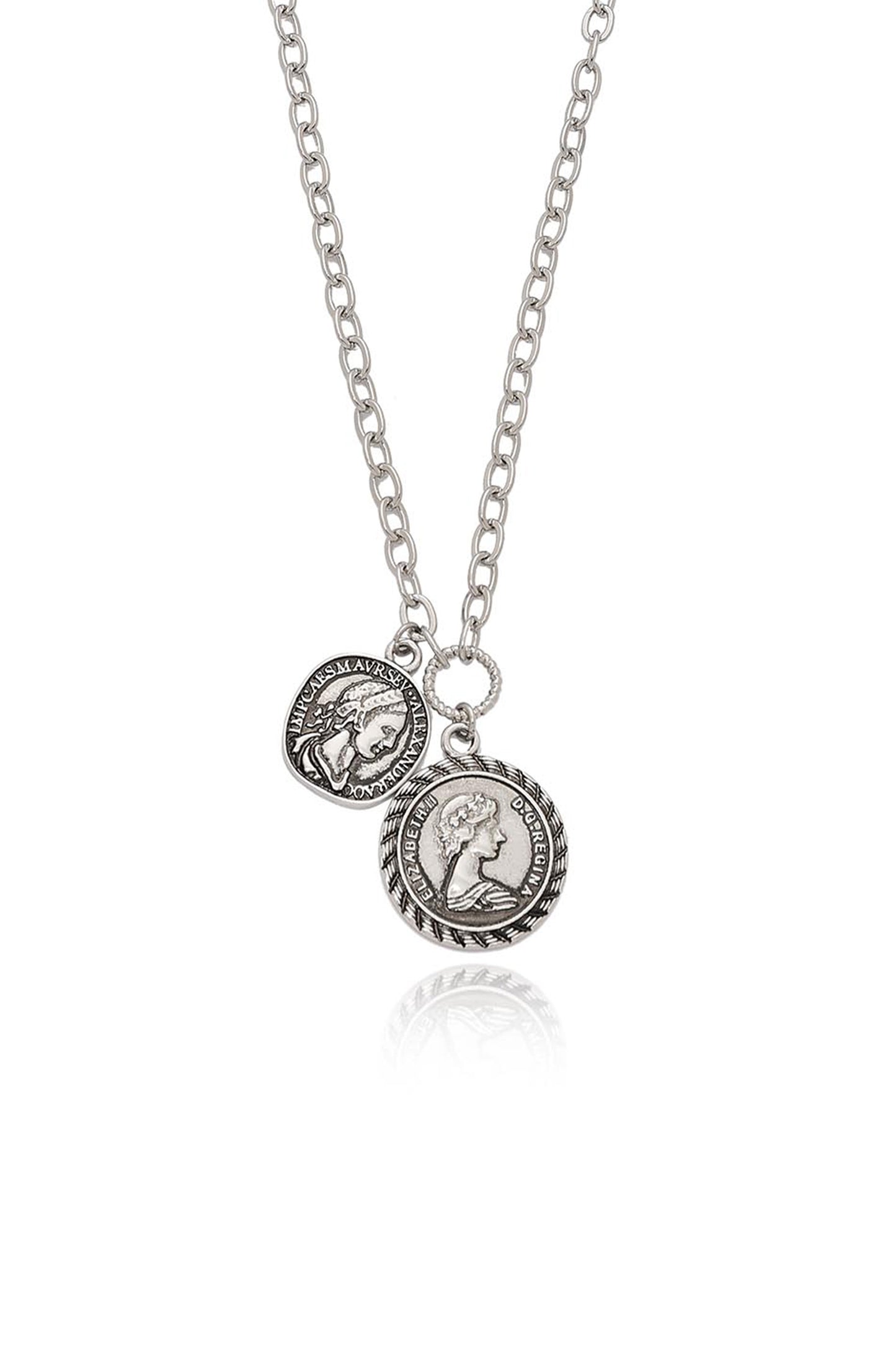 The Adventurer Double Coin Necklace in rhodium close
