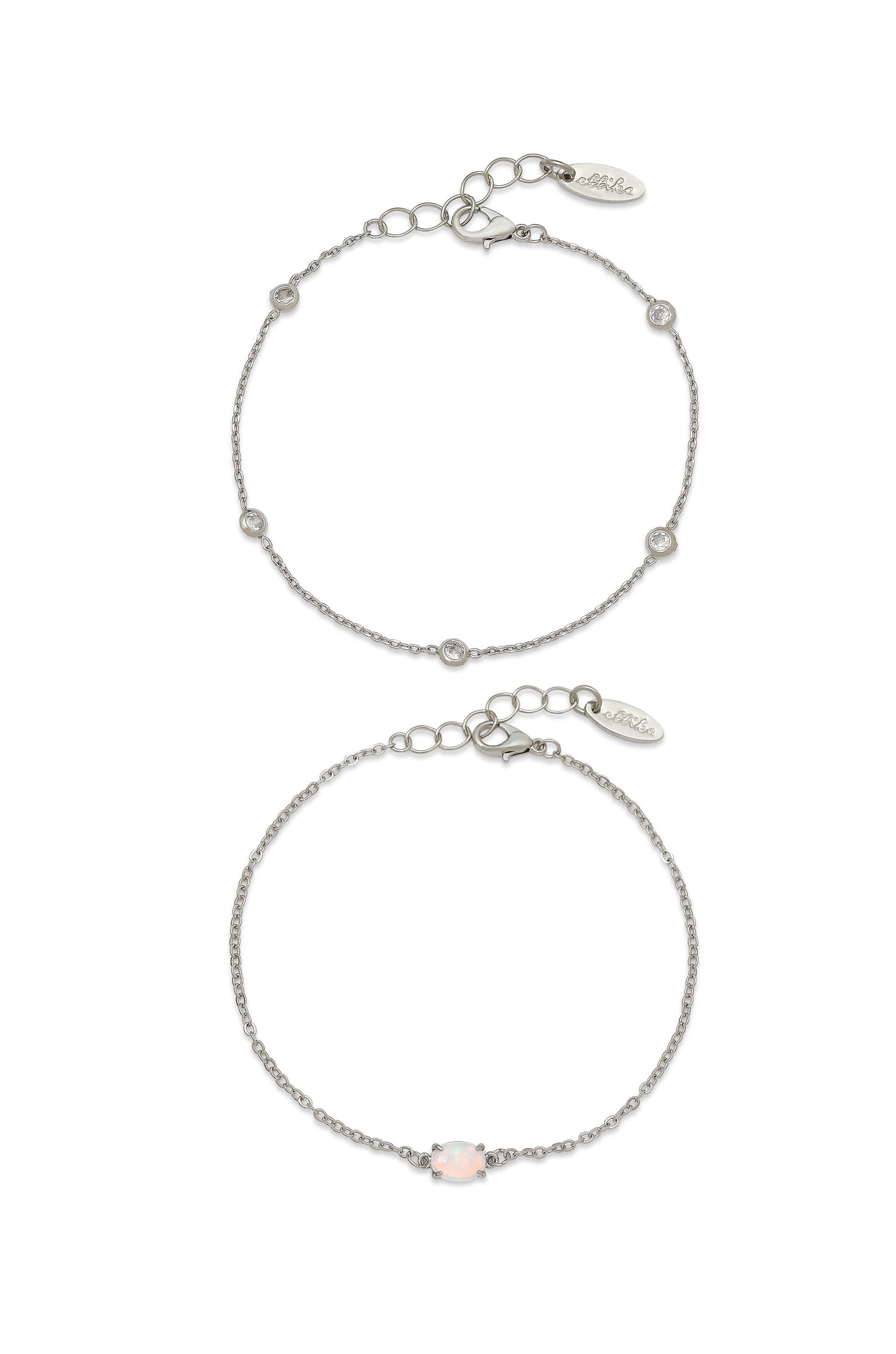 Opal & Crystal Dainty Bracelet Set with Extender Add On in rhodium