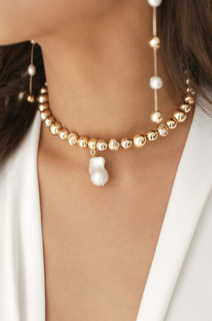 Baroque Freshwater Pearl Charm 18k Gold Plated Ball Chain Choker on model