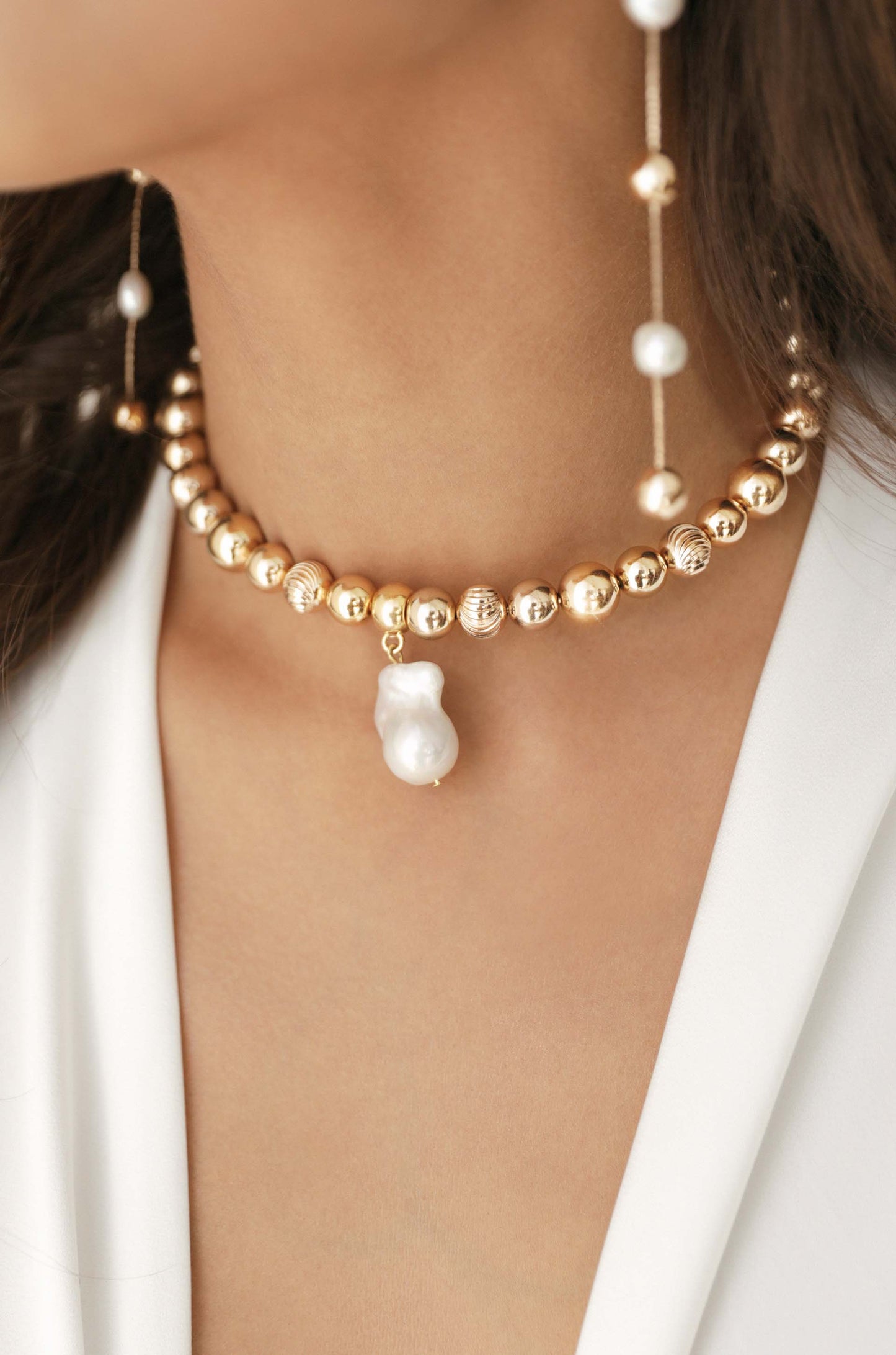 Baroque Freshwater Pearl Charm 18k Gold Plated Ball Chain Choker on model