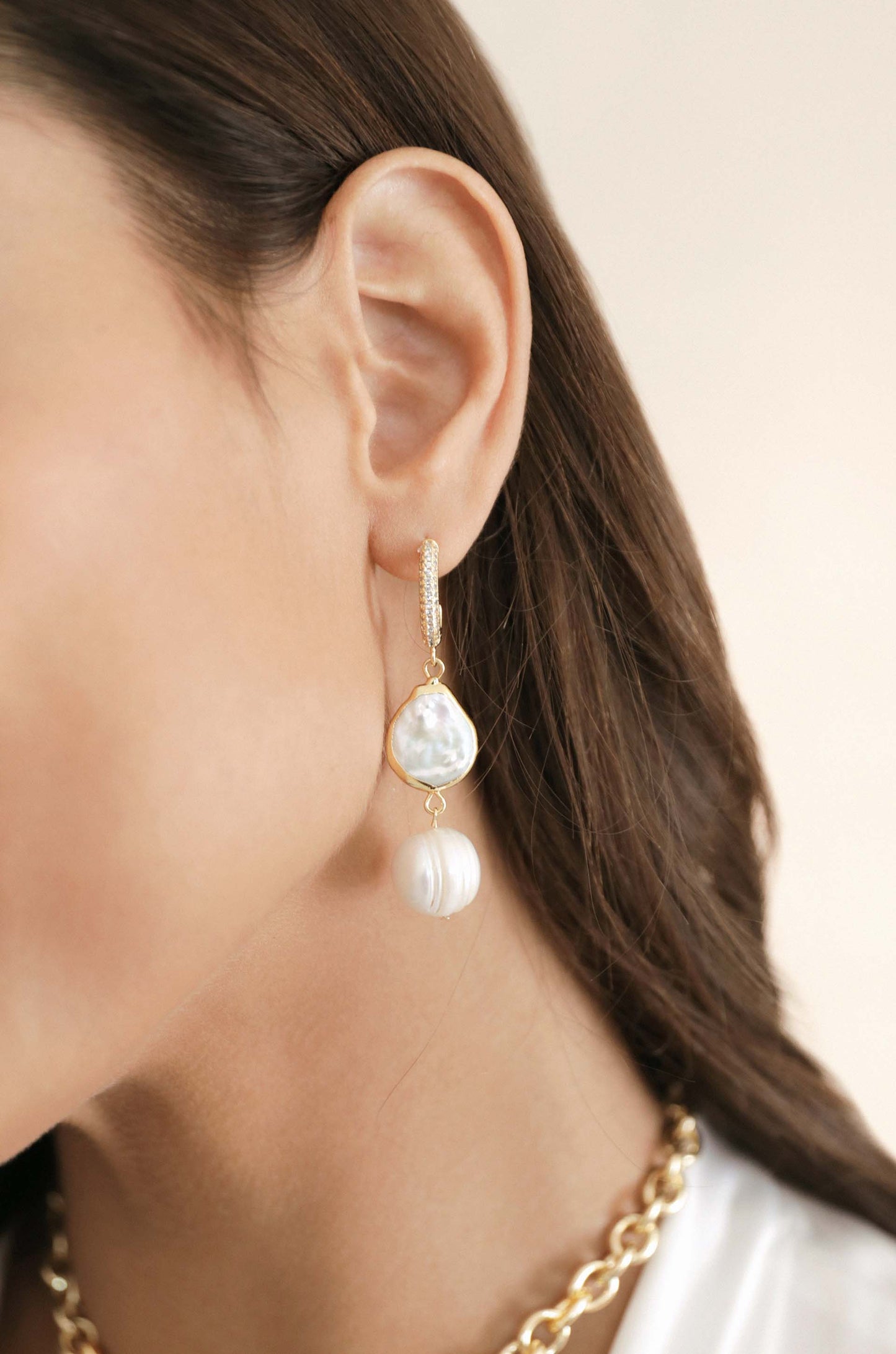 Duchess Pearl and 18k Gold Plated Dangle Earrings on model 