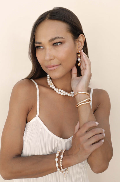 Double Strand Pearl and 18k Gold Plated Necklace on model