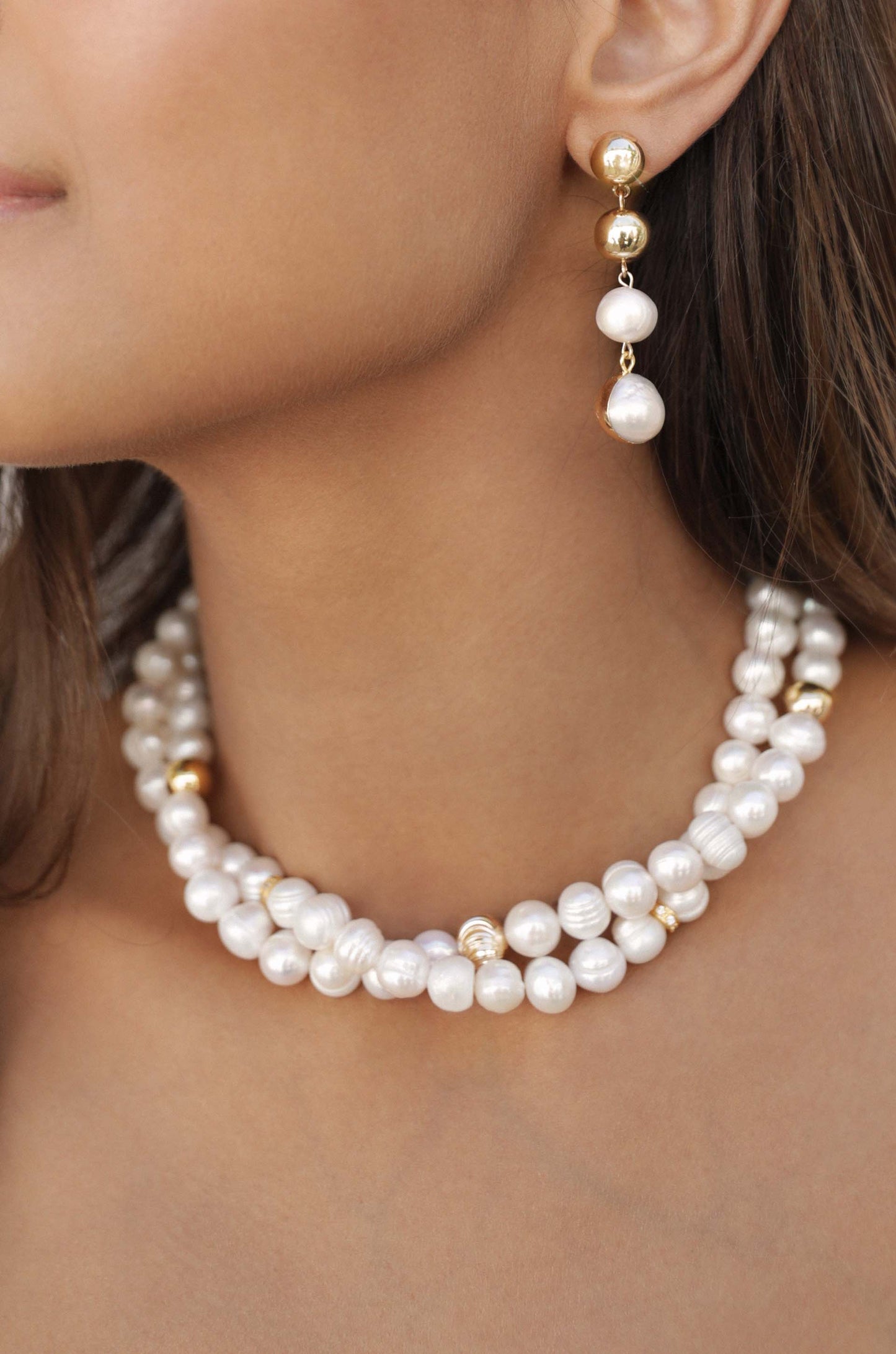 Double Strand Pearl and 18k Gold Plated Necklace on model 2