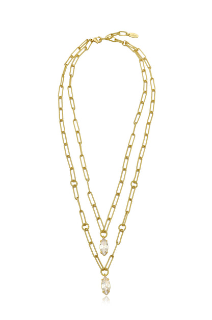 Double Layered 18k Gold Plated Crystal Pendant Necklace