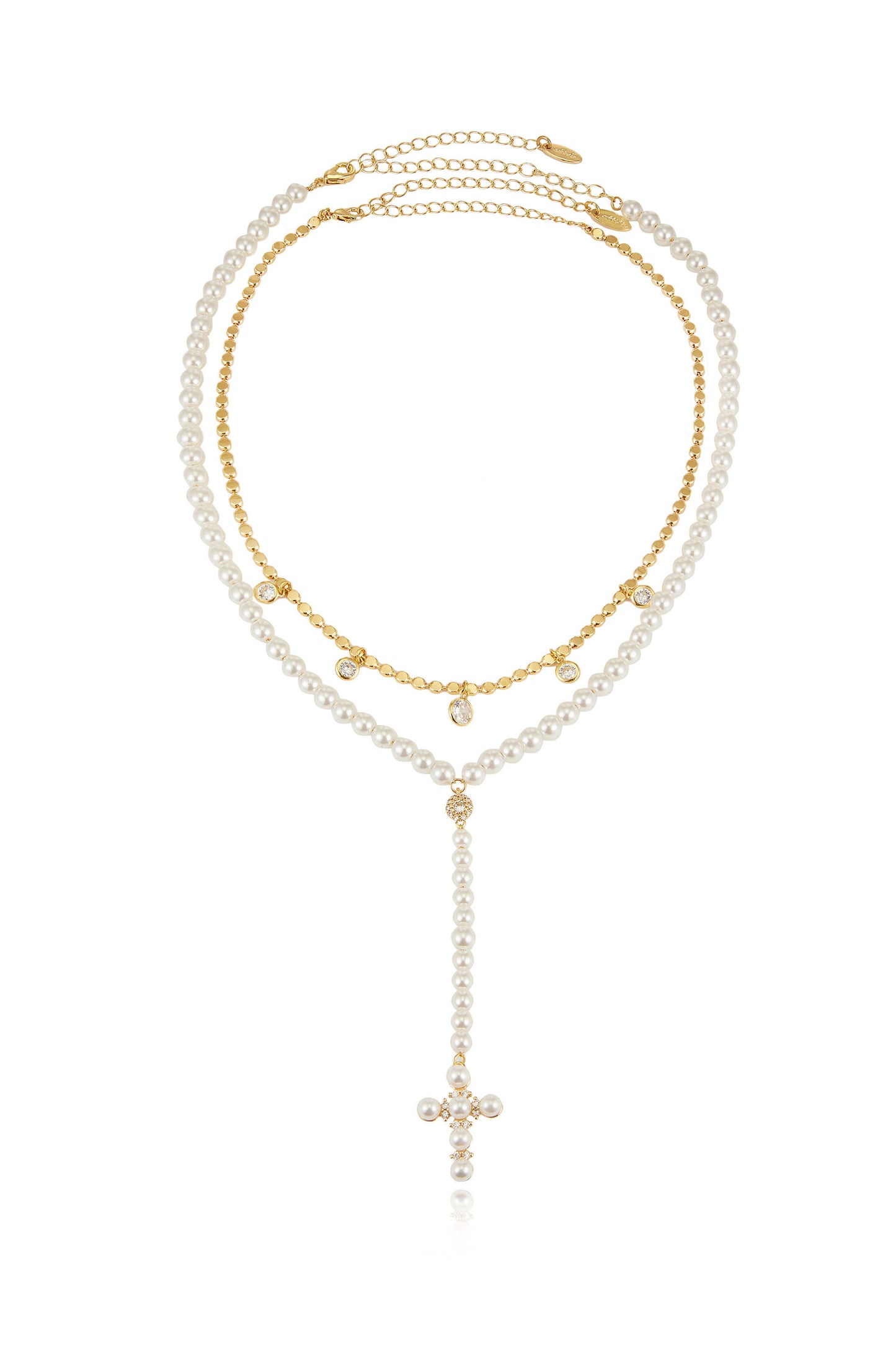 Pearl Cross Drop Lariat 18k Gold Plated Necklace Set