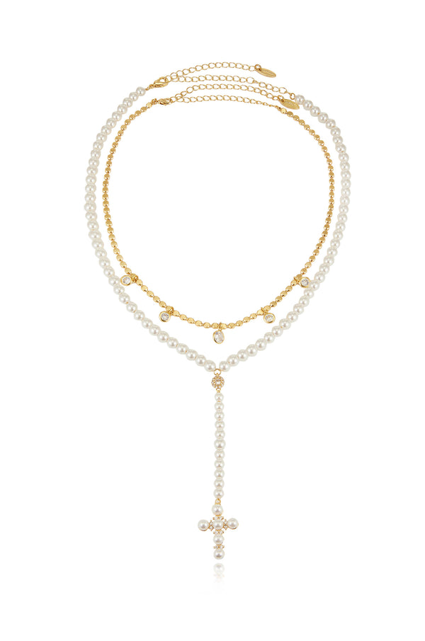 Pearl Cross Drop Lariat Necklace Set
