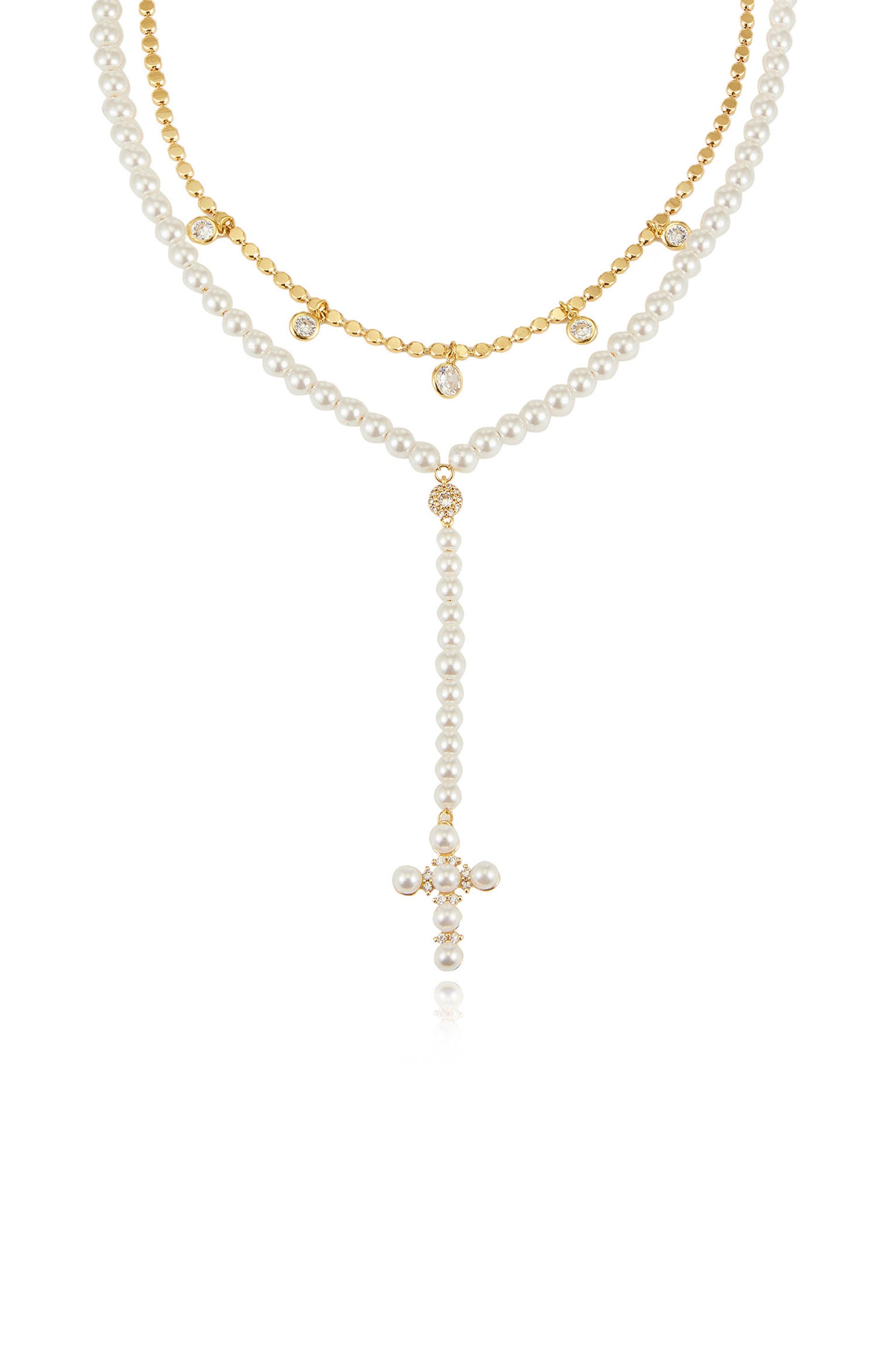 Pearl Cross Drop Lariat 18k Gold Plated Necklace Set close