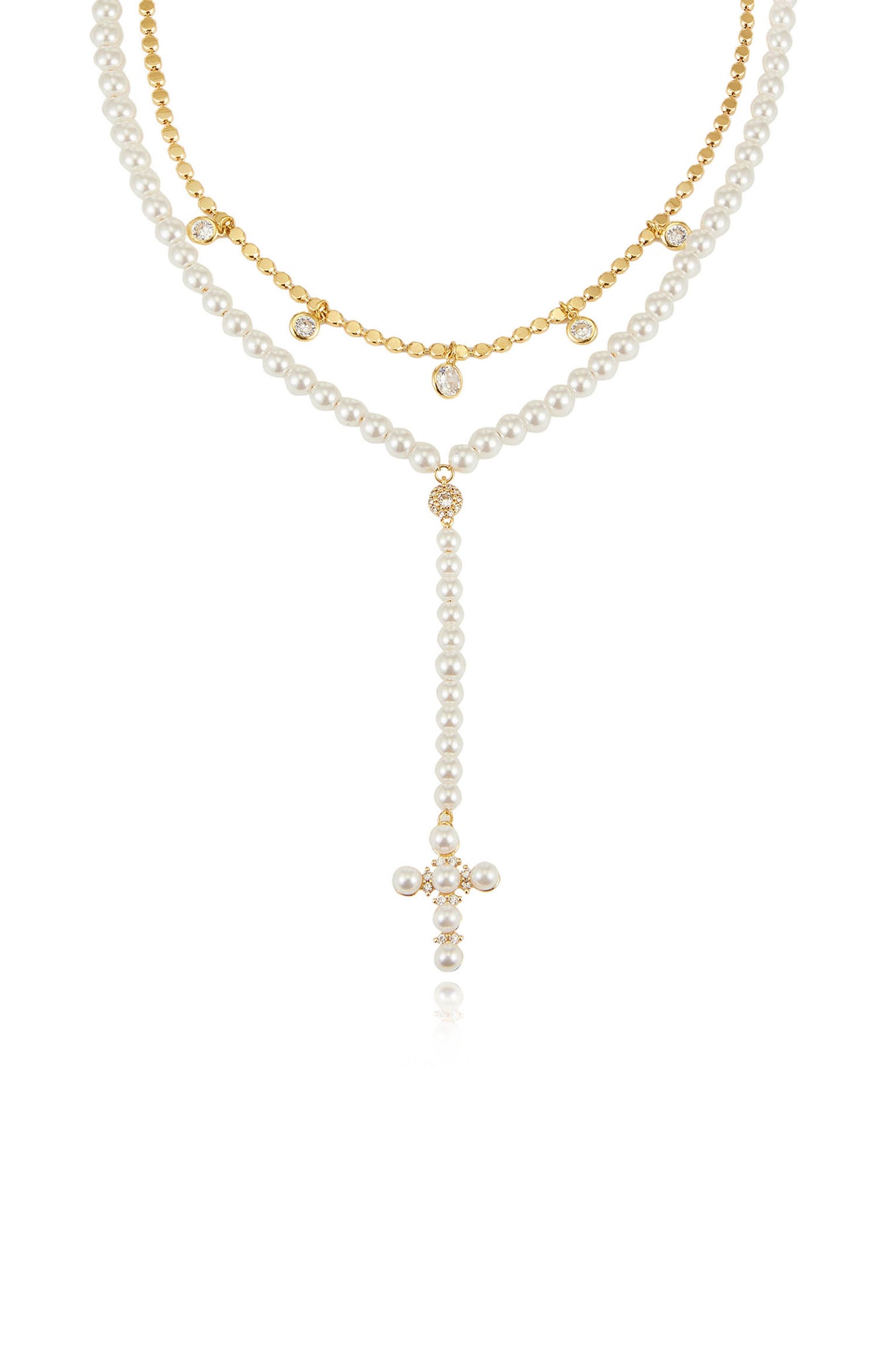 Pearl Cross Drop Lariat 18k Gold Plated Necklace Set close