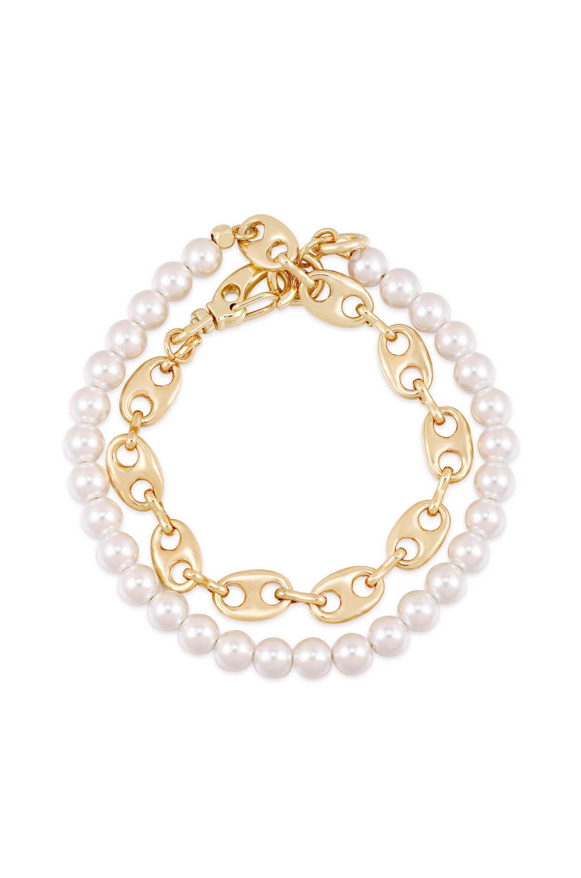 Pearl and 18k Gold Plated Modern Chain Link Wrap Bracelet