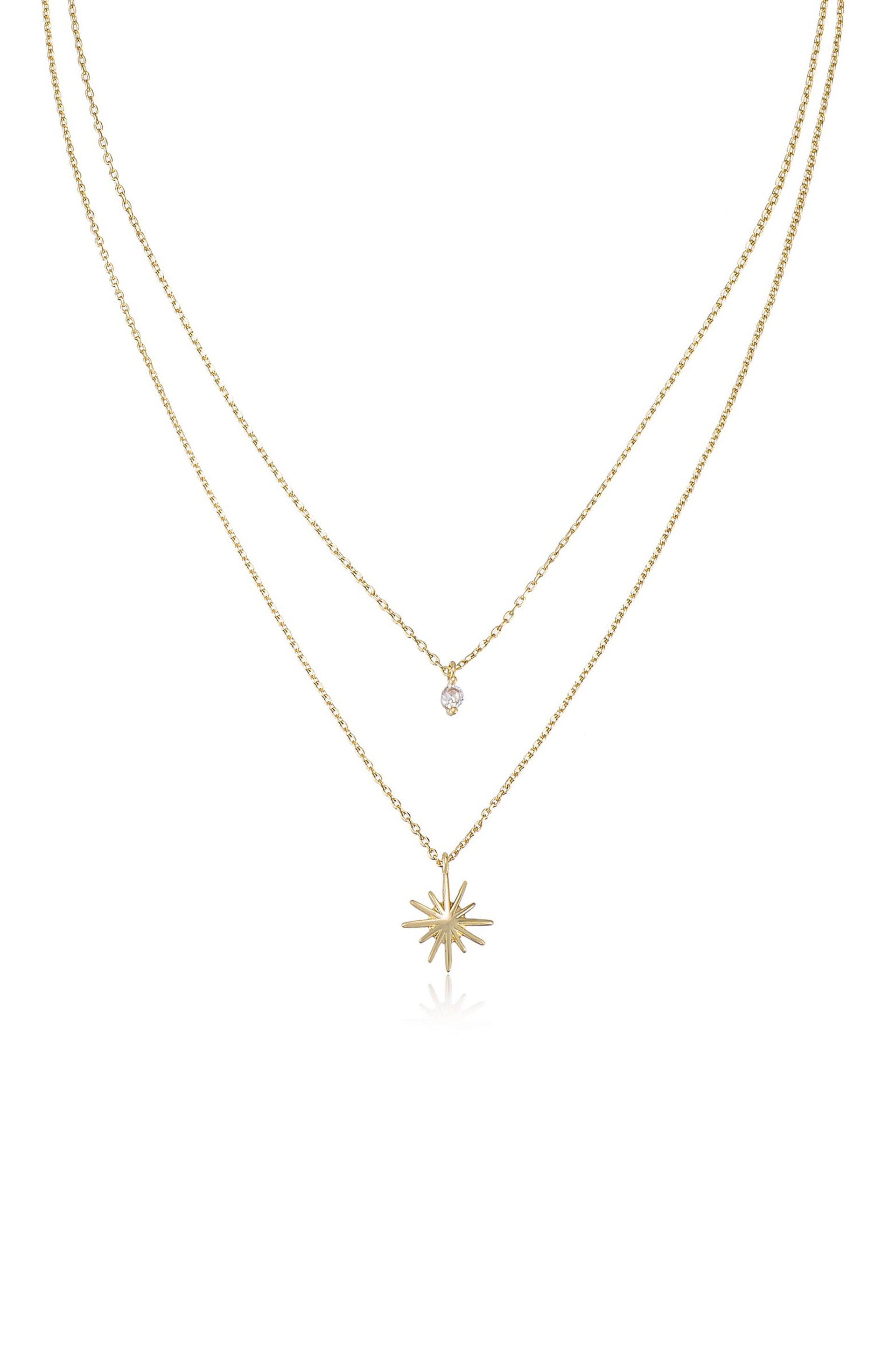 Layered Starburst and Crystal 18k Gold Plated Necklace