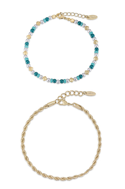 Seaside Turquoise and Pearl 18k Gold Plated Anklet Set