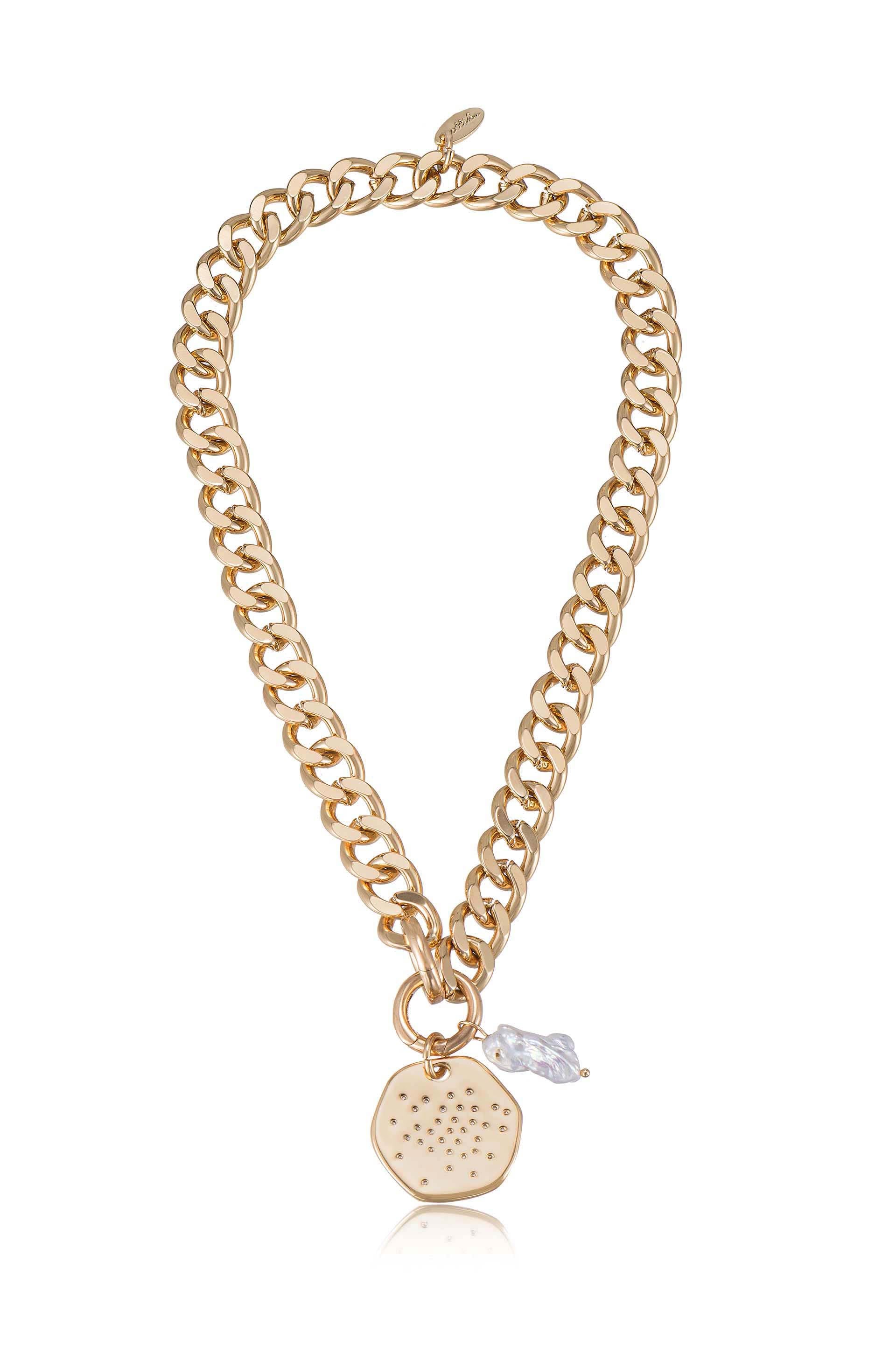 Lola Pearl and Medallion Chain Link 18k Gold Plated Choker Necklace