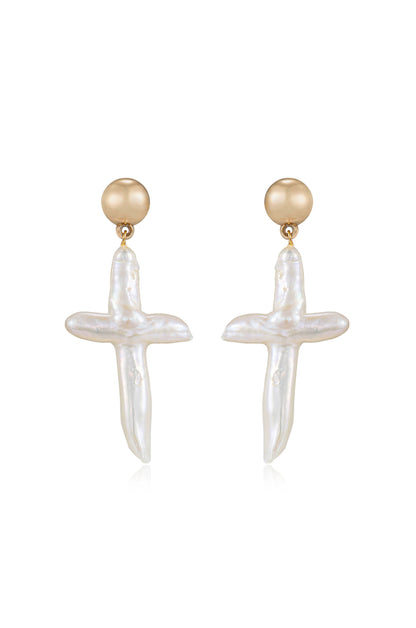 Organic Freshwater Pearl Cross 18k Gold Plated Earrings