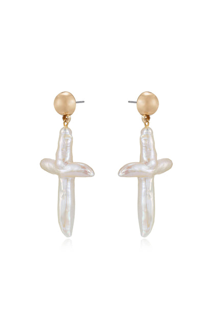 Organic Freshwater Pearl Cross 18k Gold Plated Earrings side