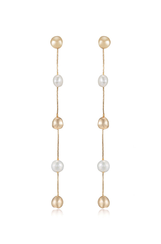 Alternating Freshwater Pearl and 18k Gold Plated Bead Drop Earrings