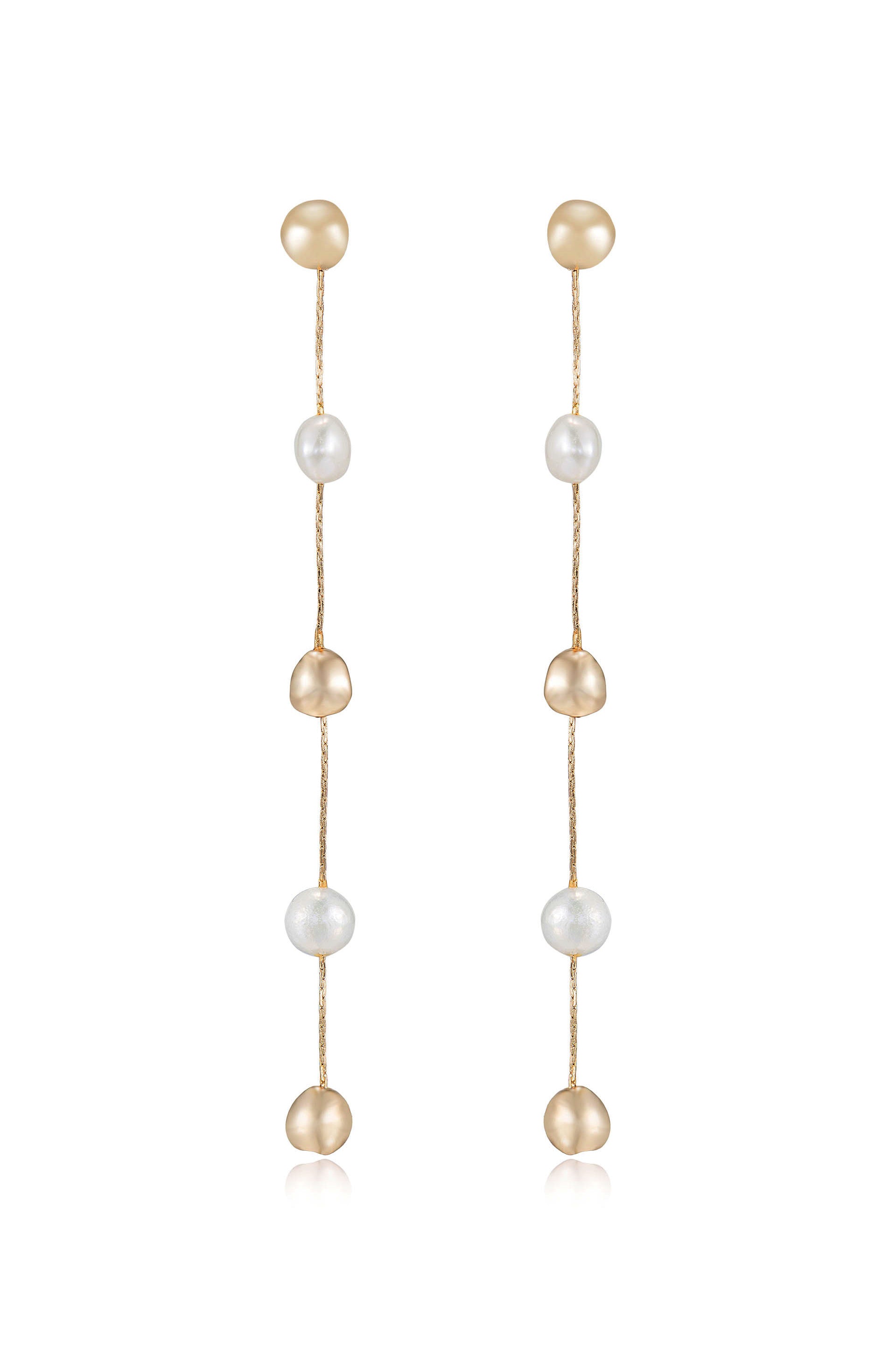 Alternating Freshwater Pearl and 18k Gold Plated Bead Drop Earrings