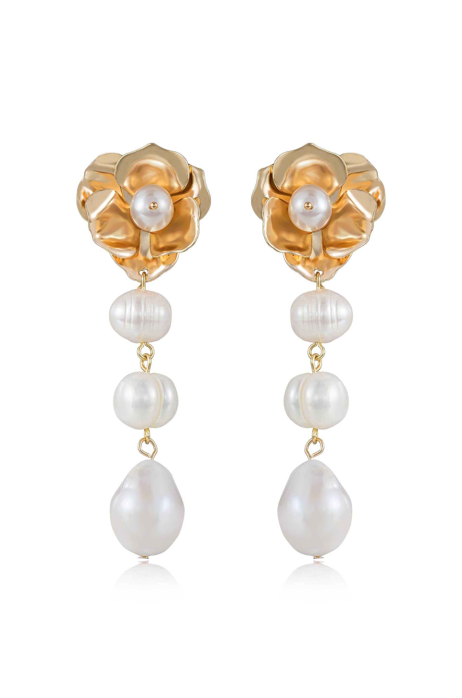 Golden Petals and Graduating Freshwater Pearl 18k Gold Plated Earrings