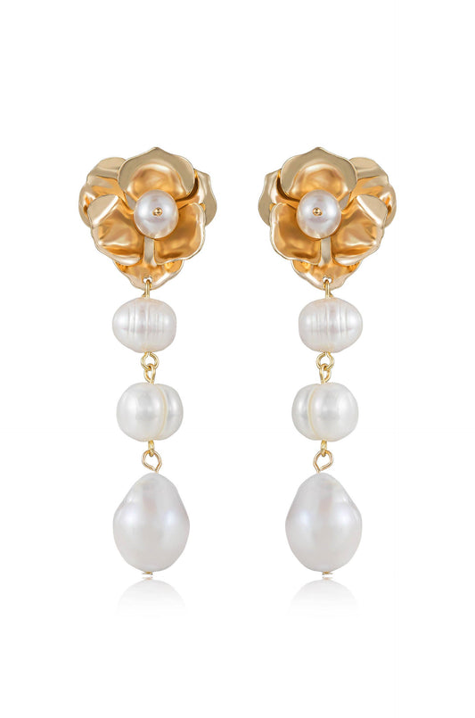 Golden Petals and Graduating Freshwater Pearl 18k Gold Plated Earrings