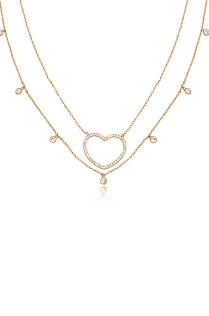 Crystal Heart and Drop Layered 18k Gold Plated Necklace Set of 2 close