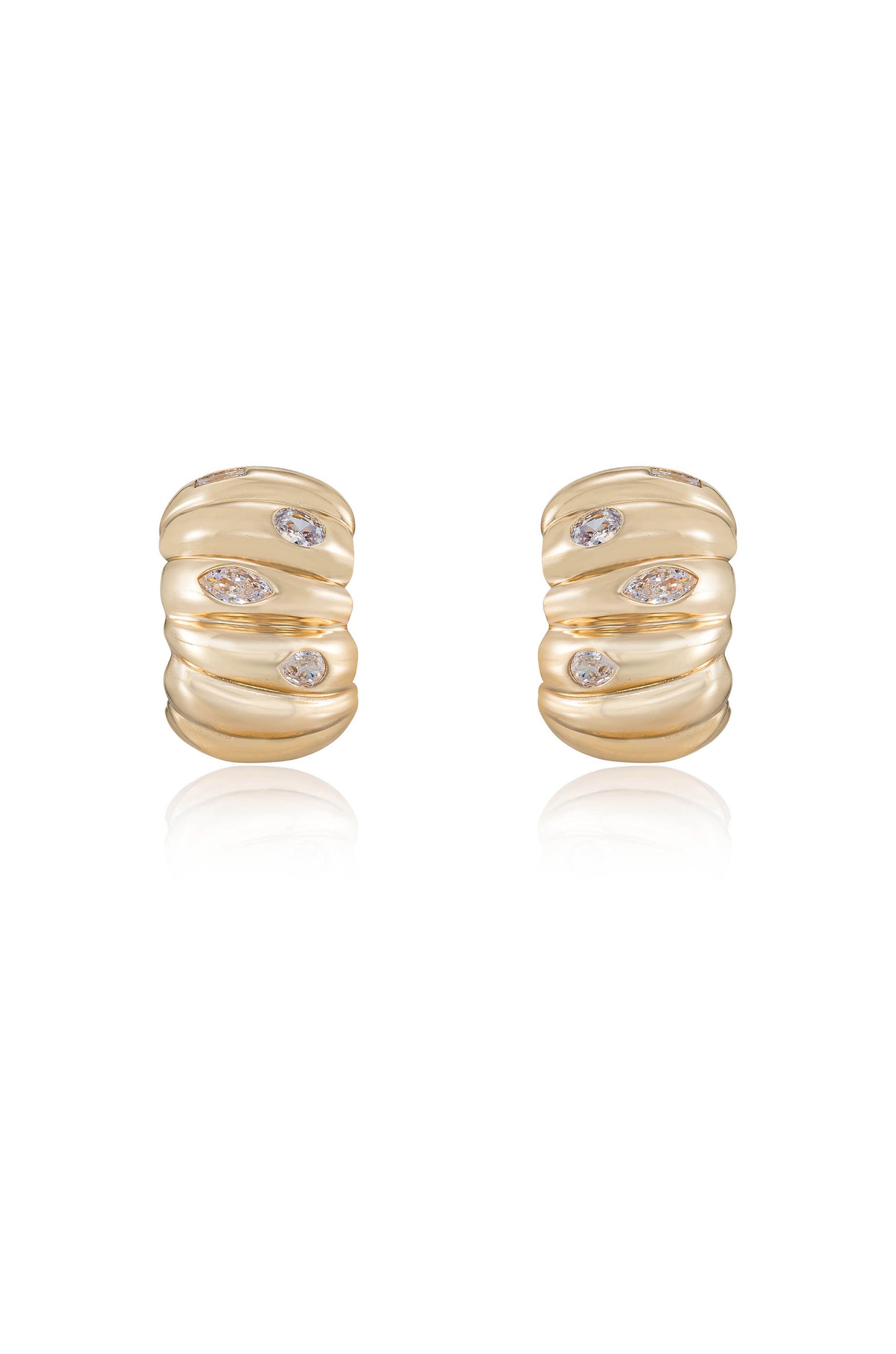 Bezel Crystal Crescent Huggie Hoops front