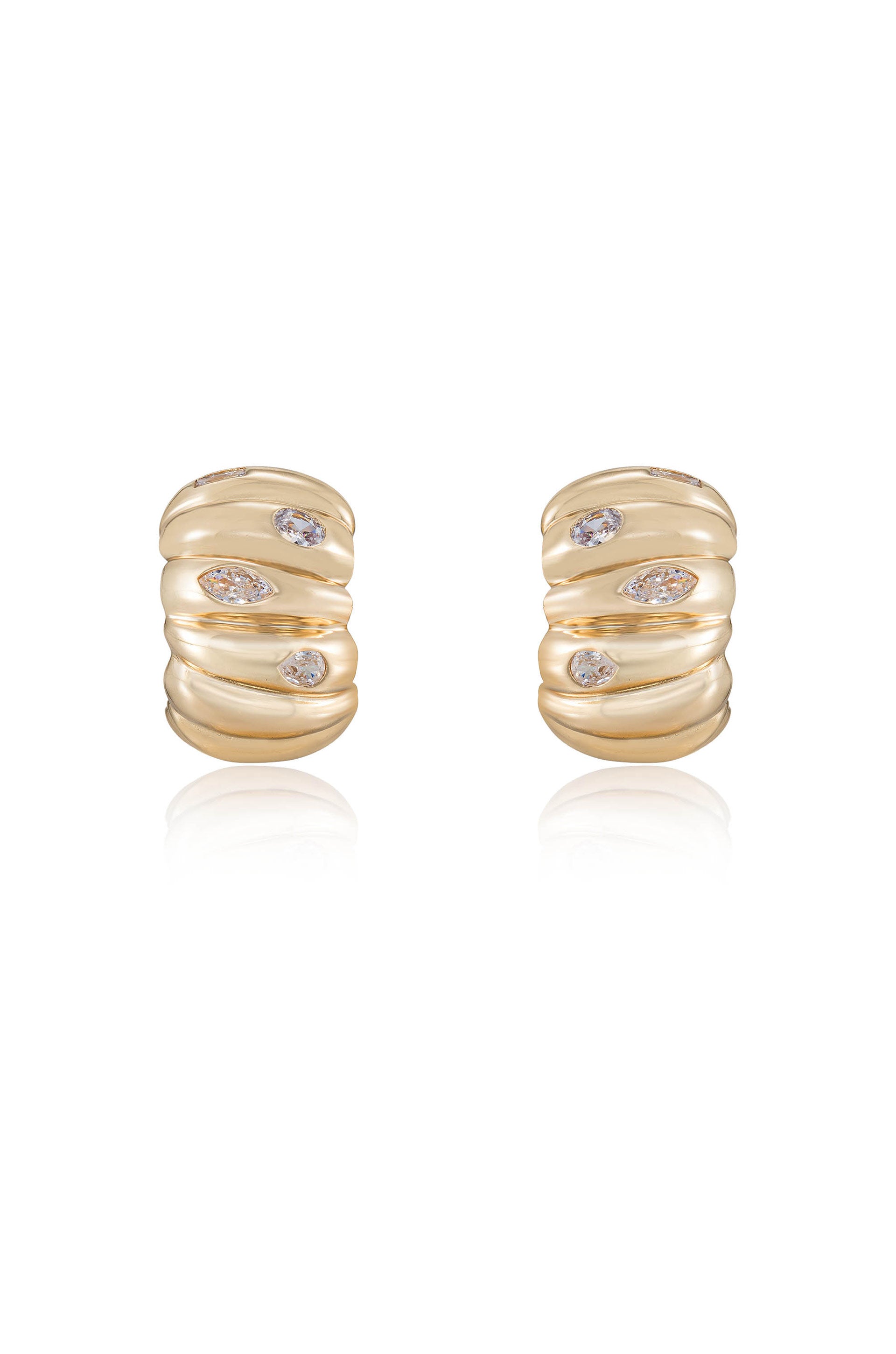 Bezel Crystal Crescent Huggie Hoops front