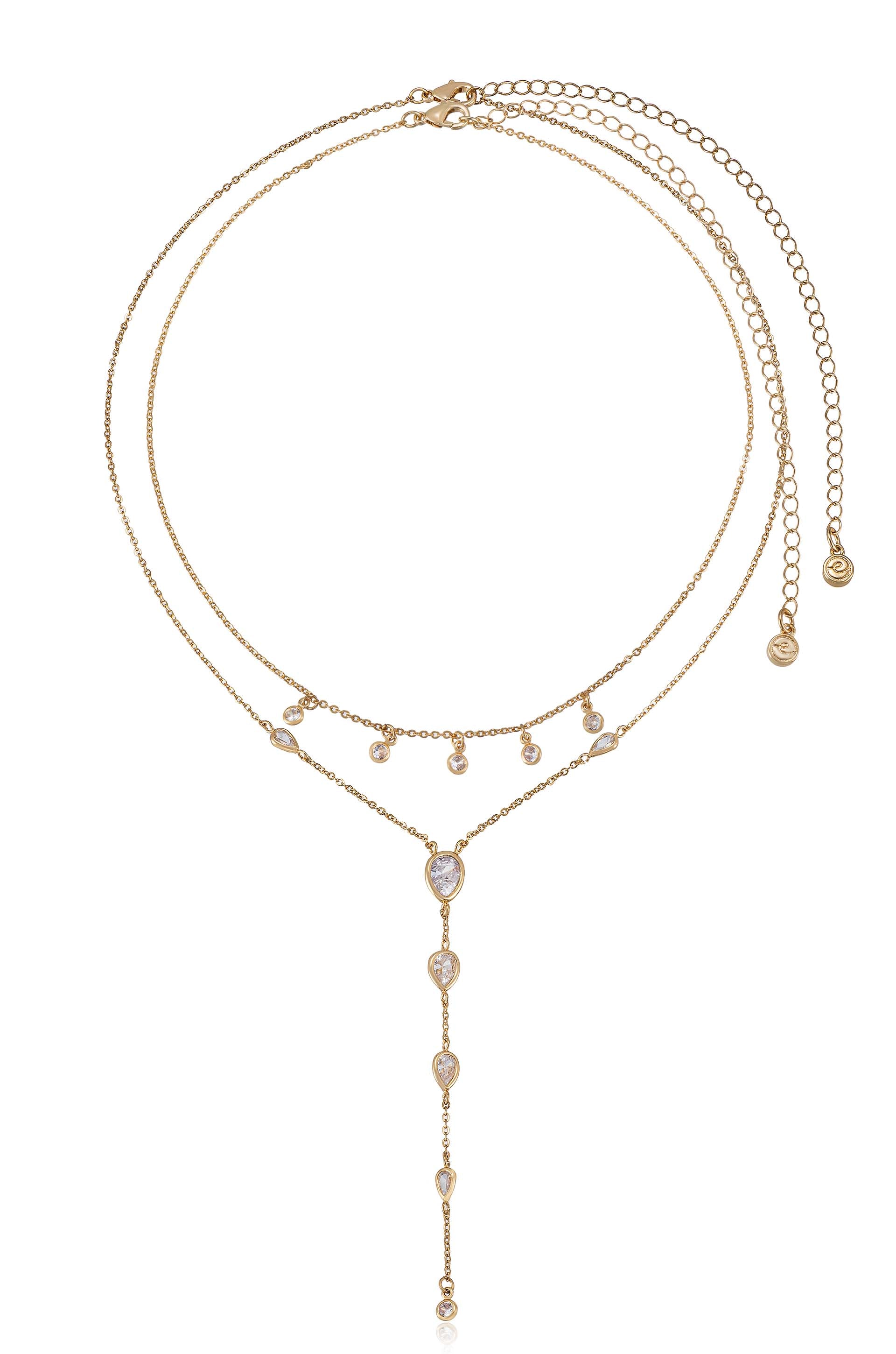 Draped in Bezel Crystal 18k Gold Plated Lariat Necklace Set full