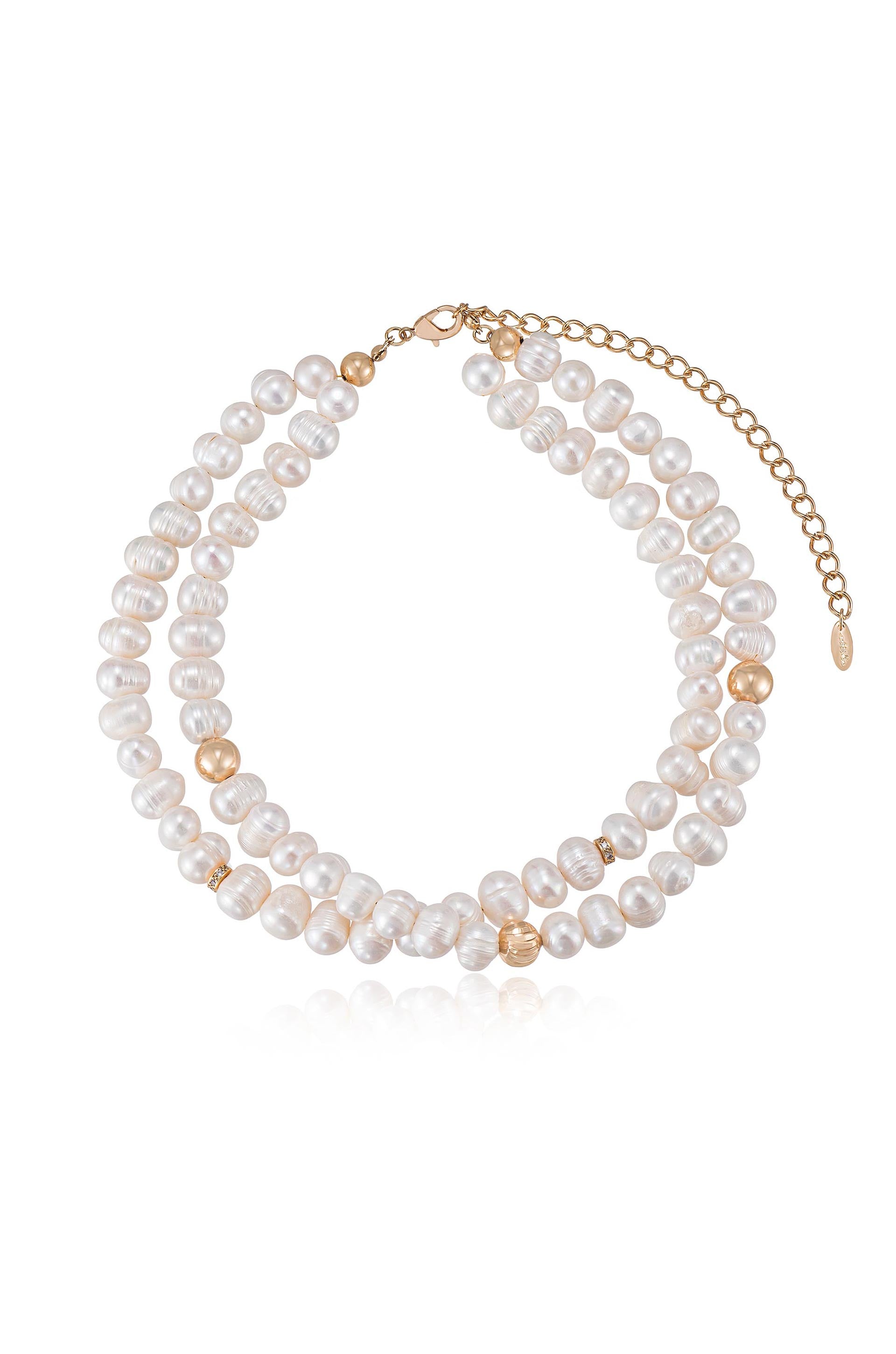 Double Strand Pearl and 18k Gold Plated Necklace
