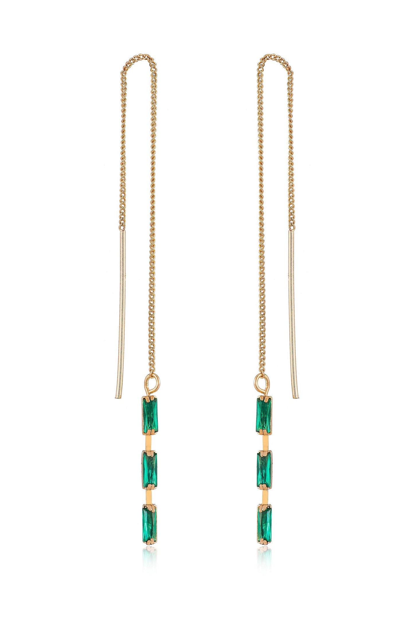 Crystal Baguette Threader Earrings in green