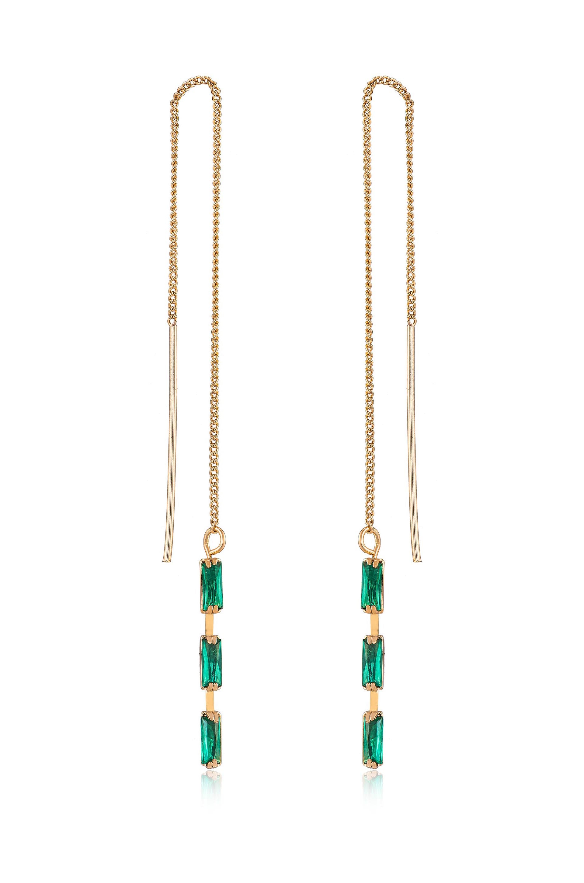 Crystal Baguette Threader Earrings in green