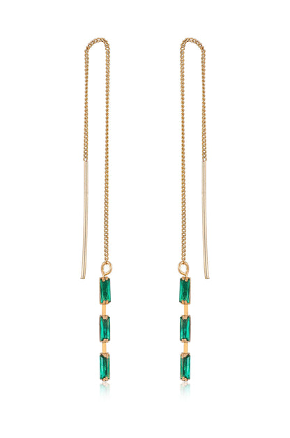 Crystal Baguette Threader Earrings in green