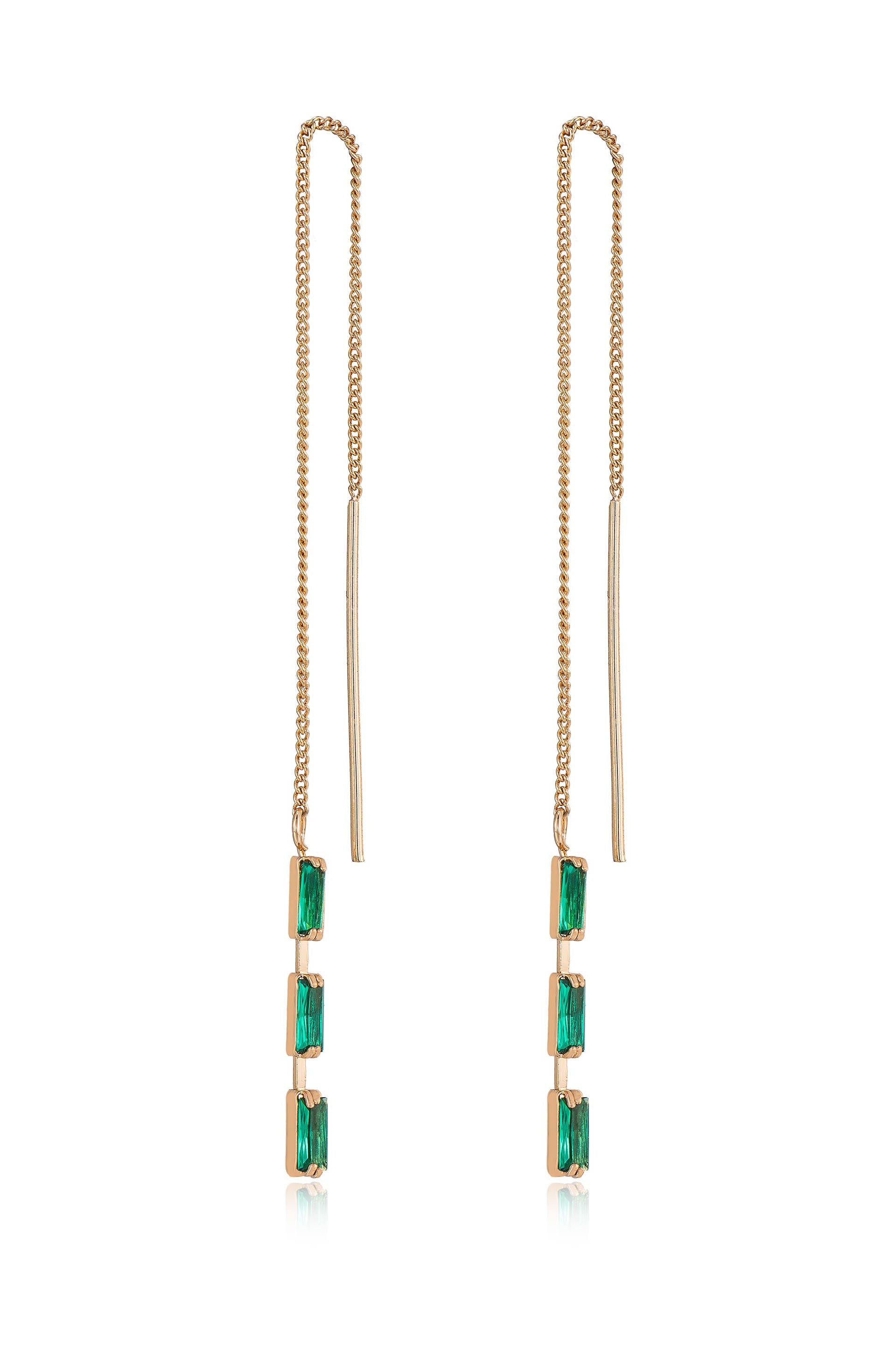 Crystal Baguette Threader Earrings in green side view