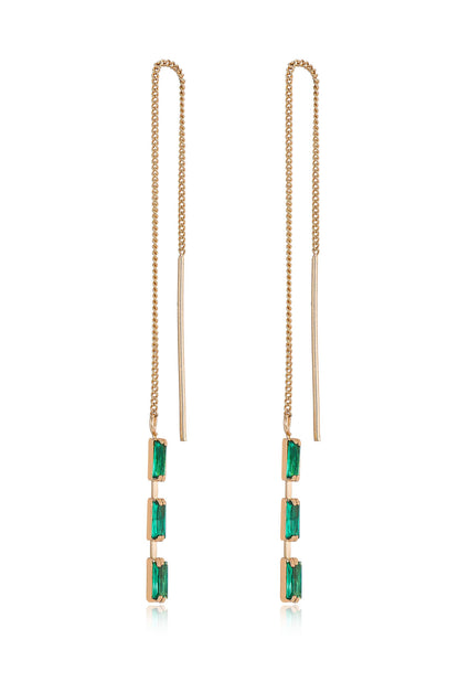 Crystal Baguette Threader Earrings in green side view