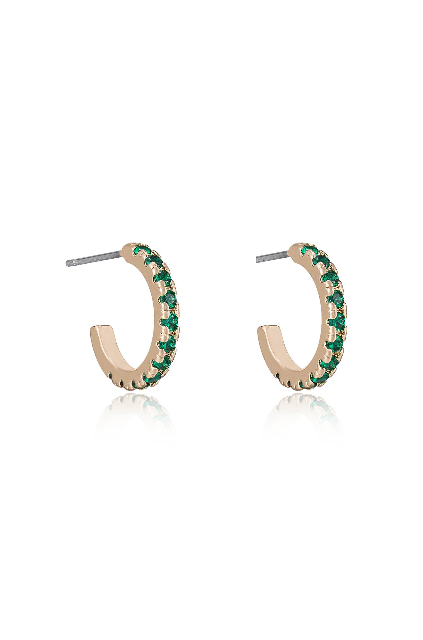 Colorful Crystal 18k Gold Plated Huggie Earrings in green side view