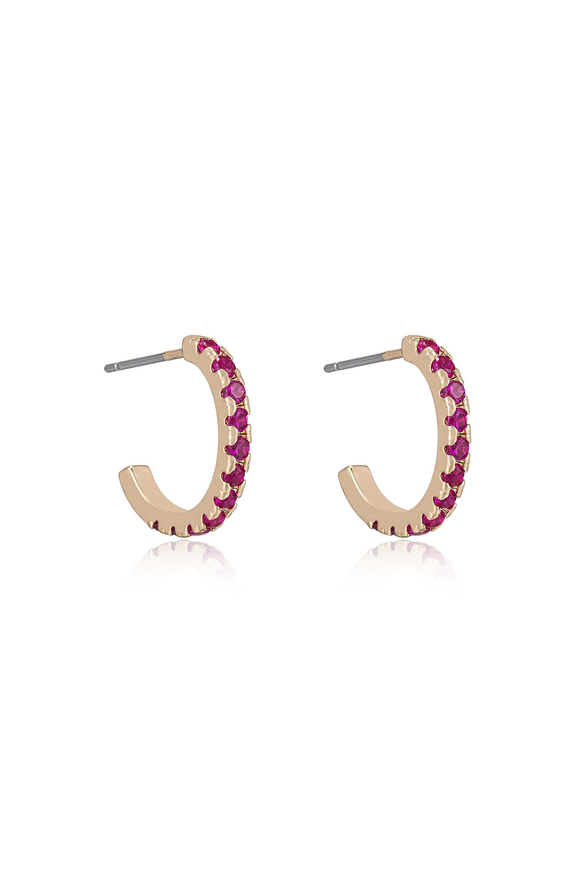 Colorful Crystal 18k Gold Plated Huggie Earrings in ruby side view