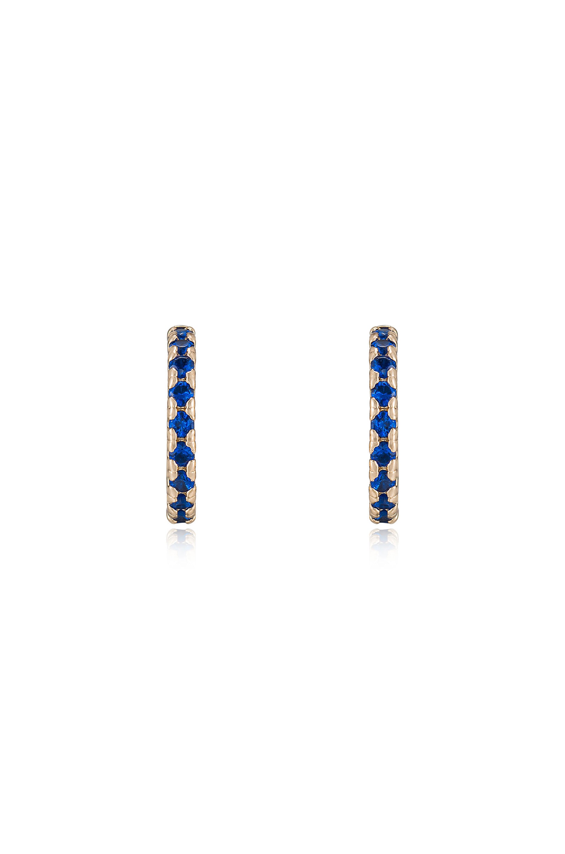 Colorful Crystal 18k Gold Plated Huggie Earrings in sapphire front view