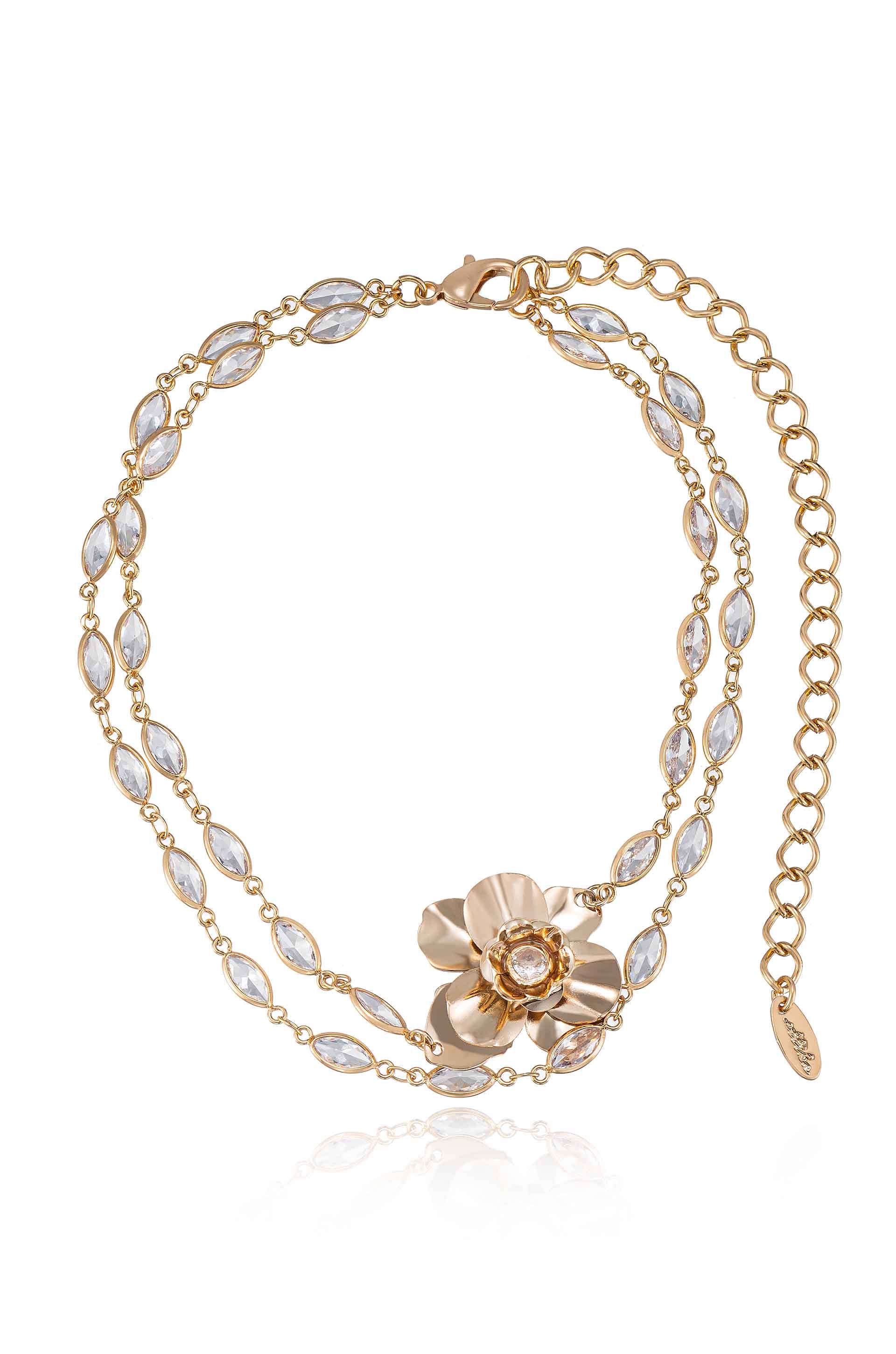 Bezel Crystal Layered 18k Gold Plated Flower Necklace