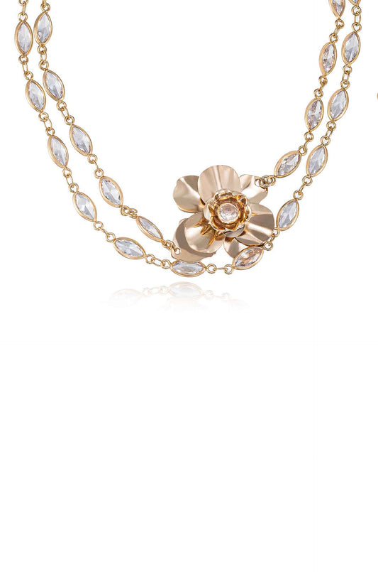 Bezel Crystal Layered 18k Gold Plated Flower Necklace close