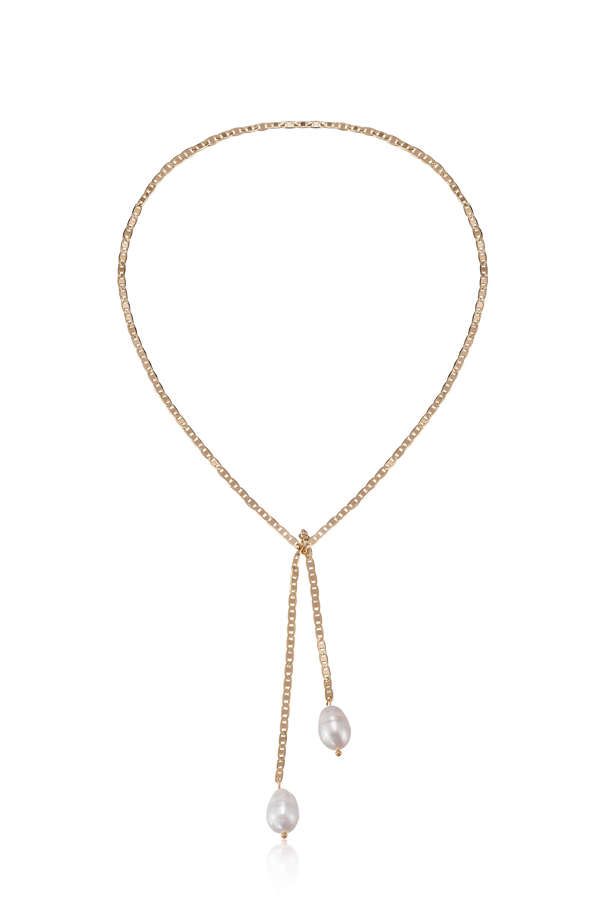 Minimalist 18k Gold Plated Chain and Freshwater Pearl Bolo Lariat Necklace full