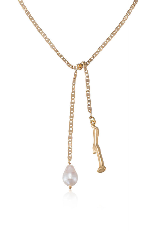 Freshwater Pearl and Liquid Gold Bolo 18k Gold Plated Chain Lariat Necklace close