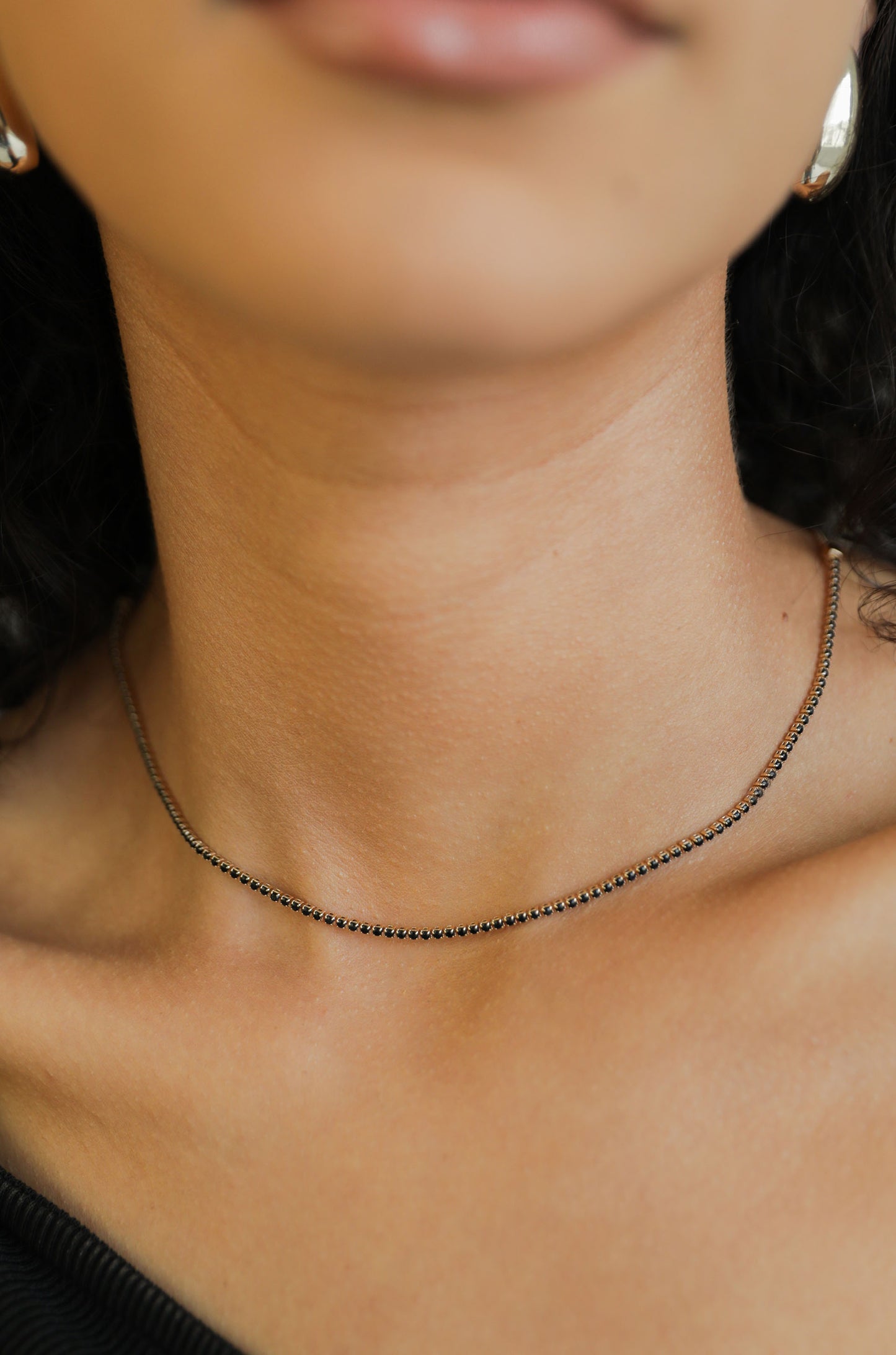 Adjustable Box Chain 18k Gold Plated Choker in black on a model
