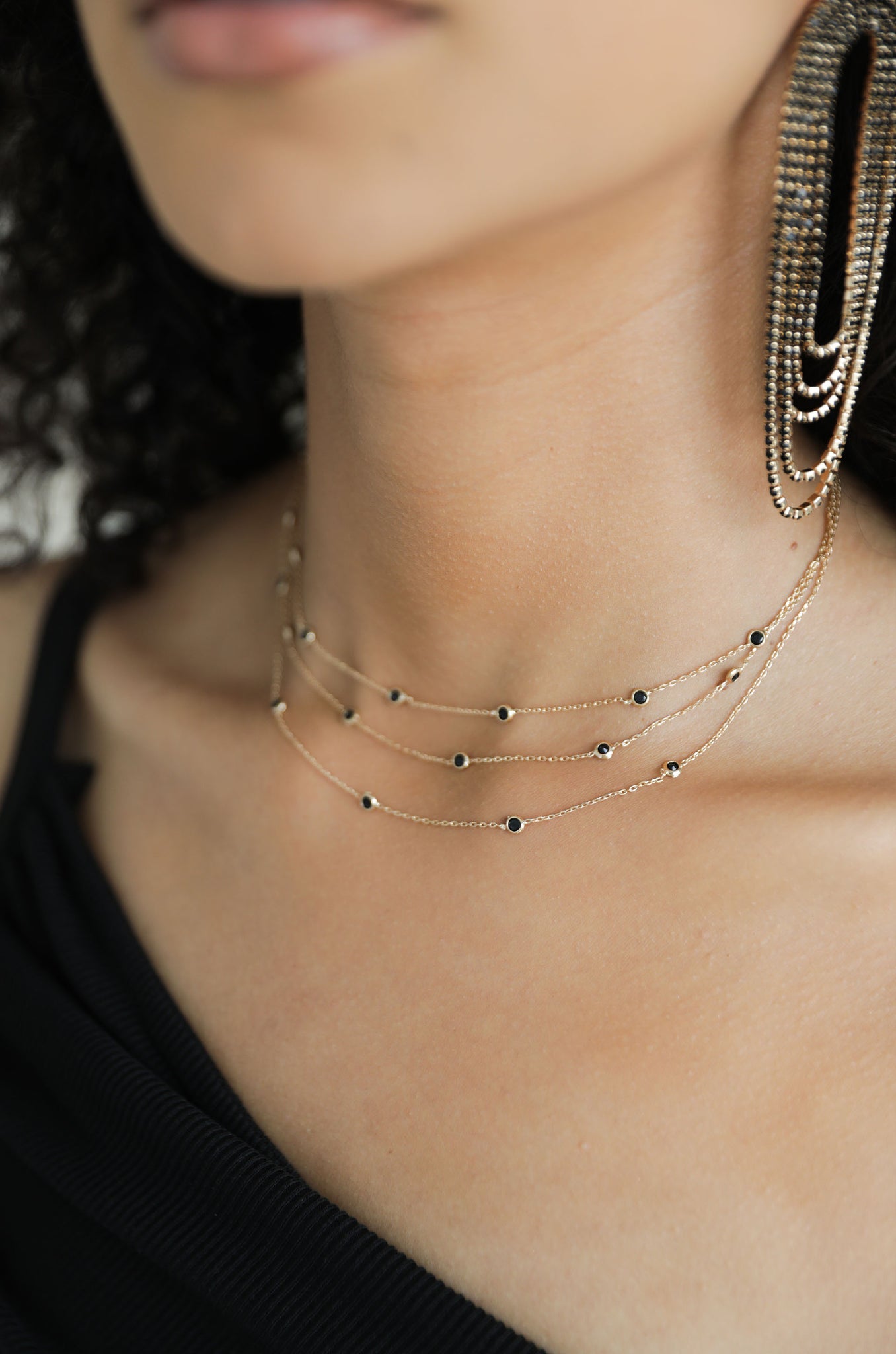 Perfect Crystal Dotted 18k Gold Plated Layered Necklace on model