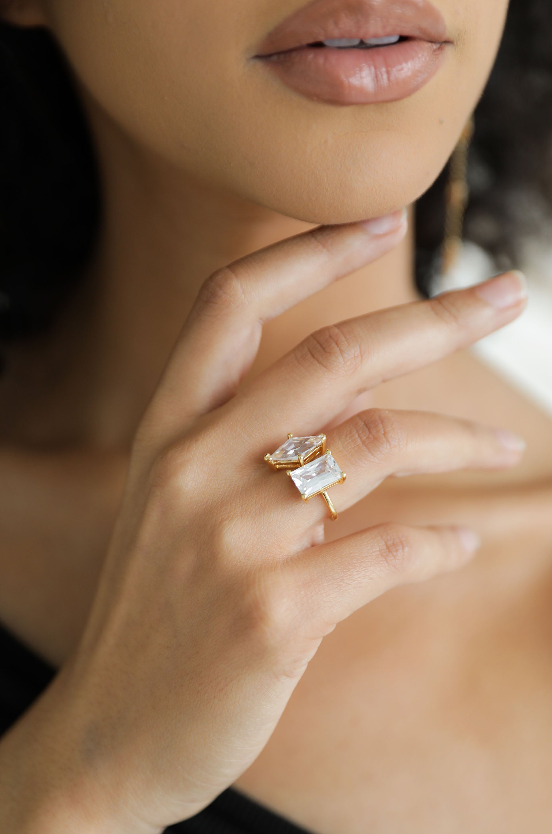 Geometric Statement 18k Gold Plated Ring in clear on model