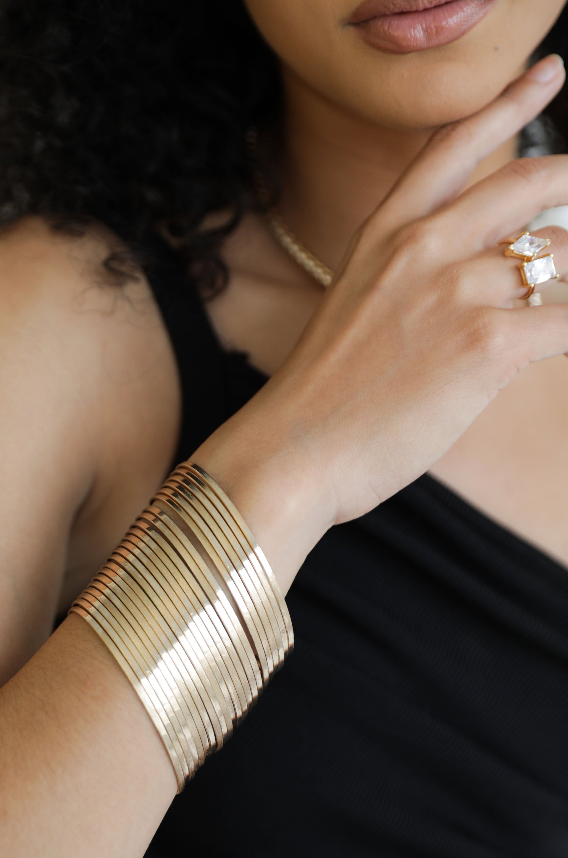 The Easy 18k Gold Plated Bangle Stacked Bracelet on model