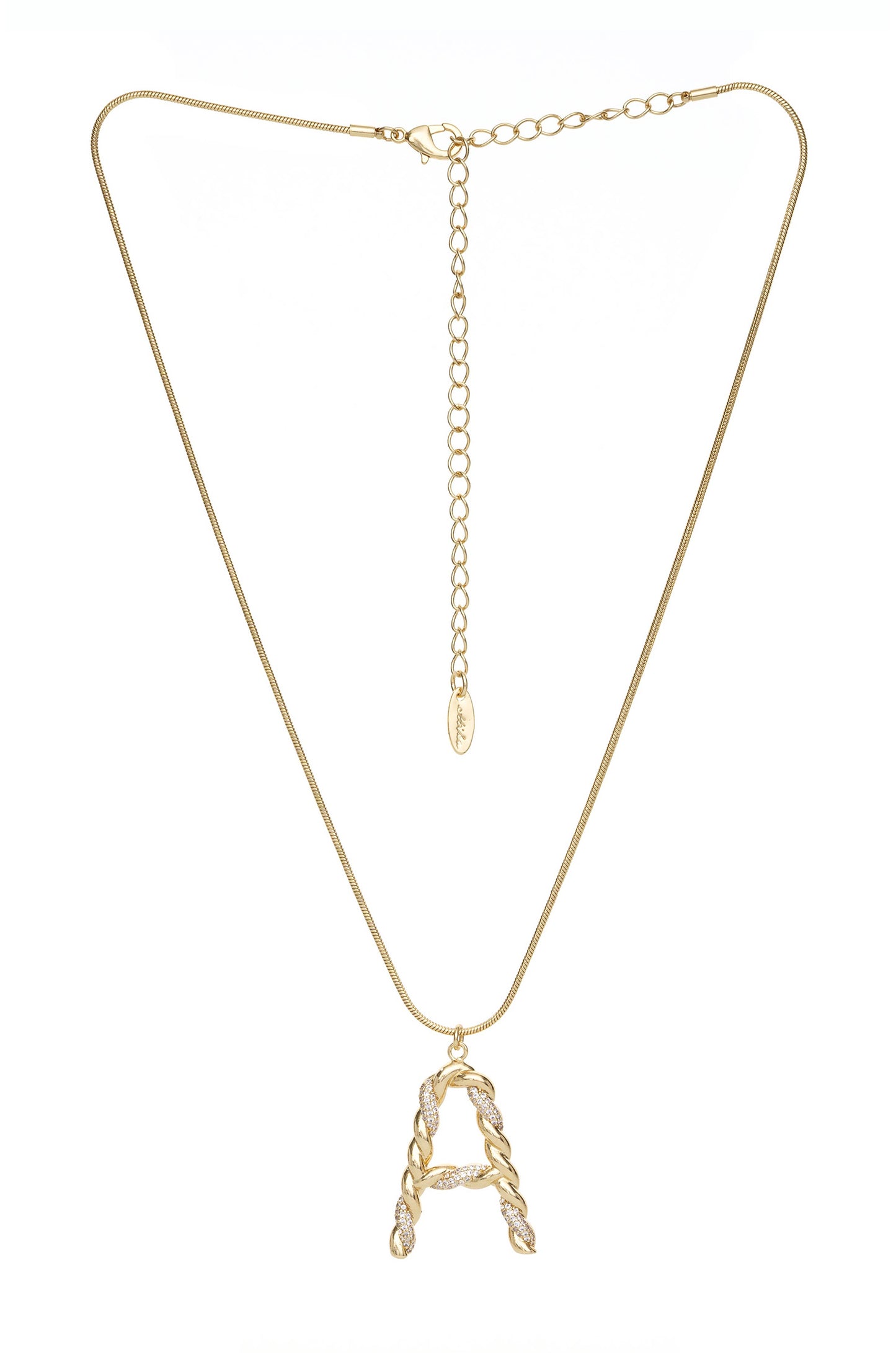Twisted Crystal Initial 18k Gold Plated Necklace letter A full shot