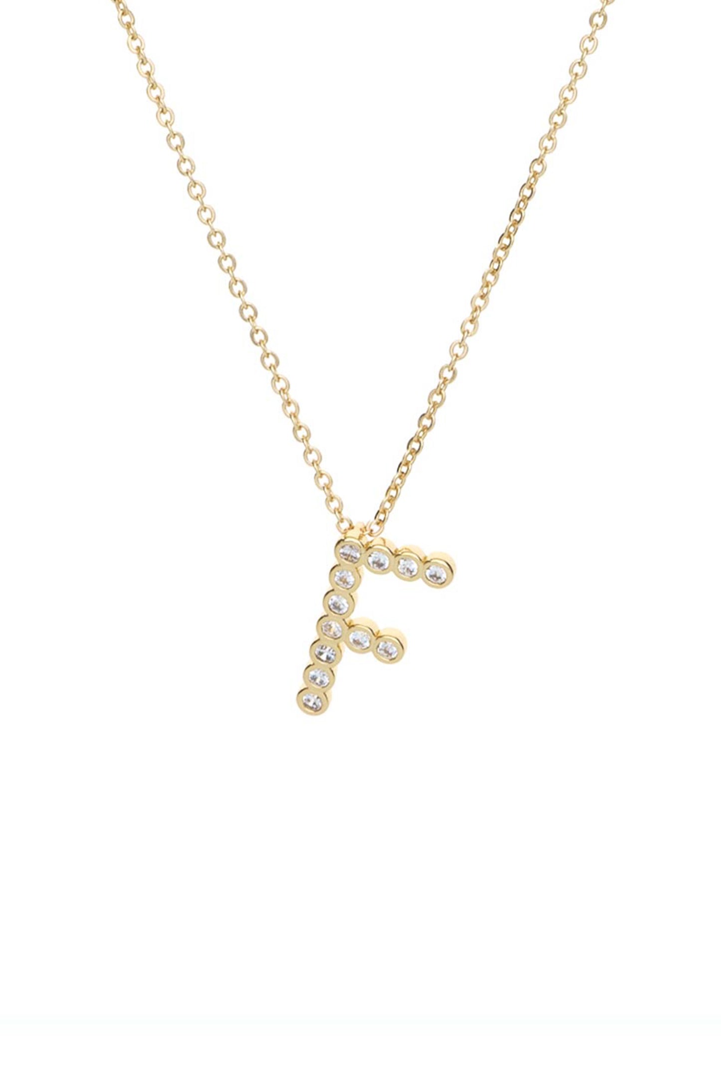 Simple Crystal Initial 18k Gold Plated Necklace letter F