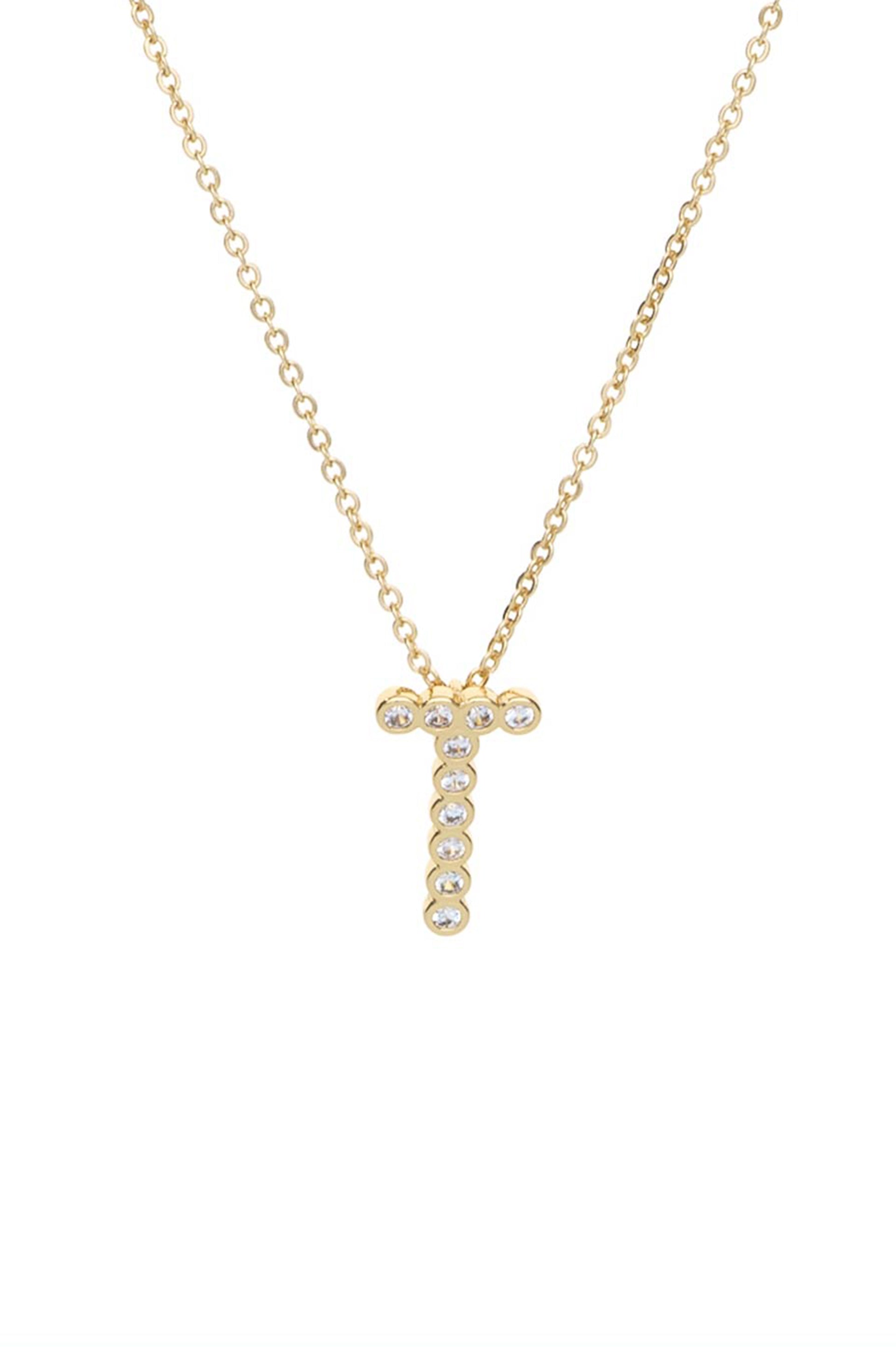 Simple Crystal Initial 18k Gold Plated Necklace letter T
