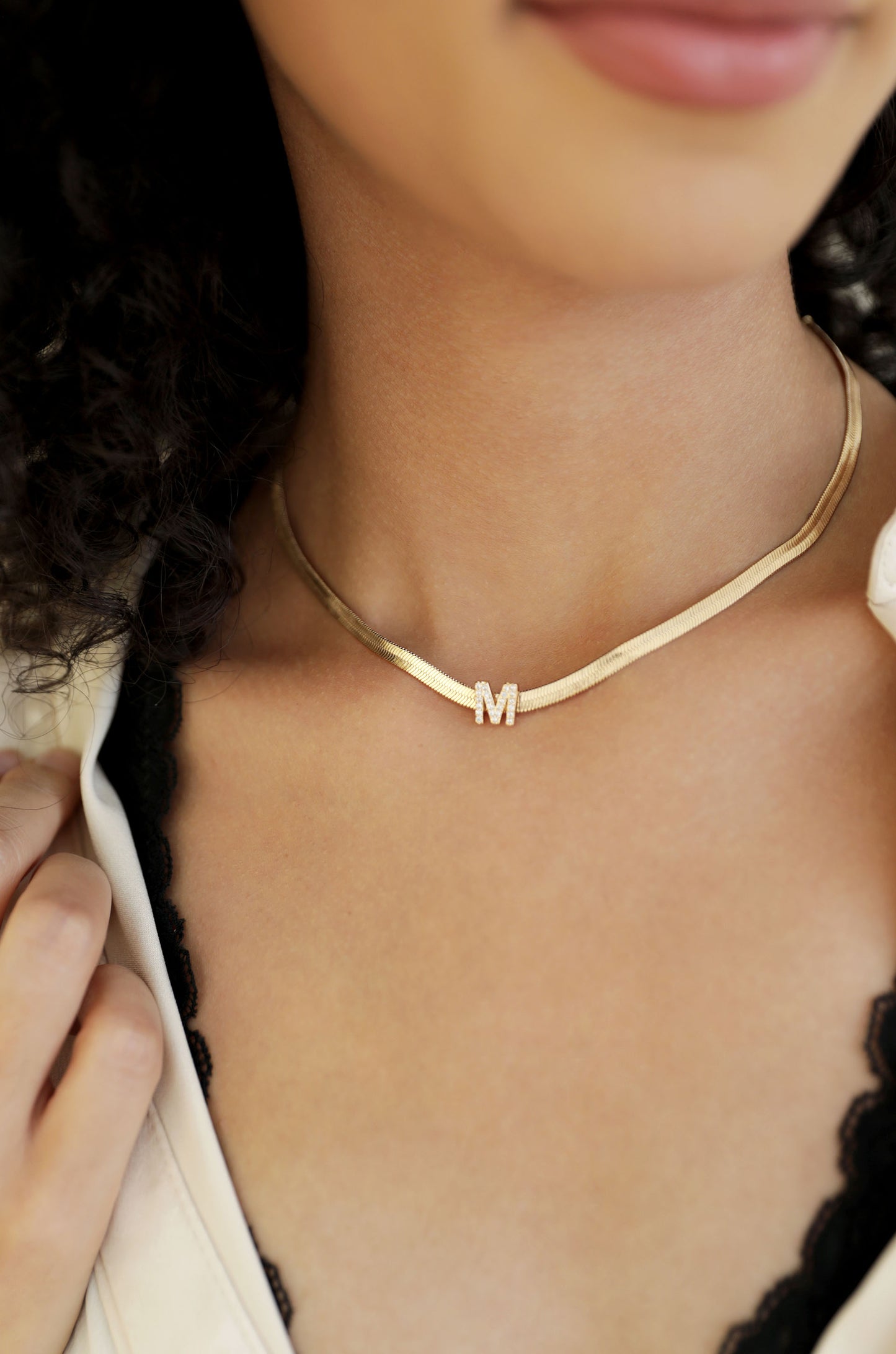 Initial Herringbone 18k Gold Plated Necklace on model